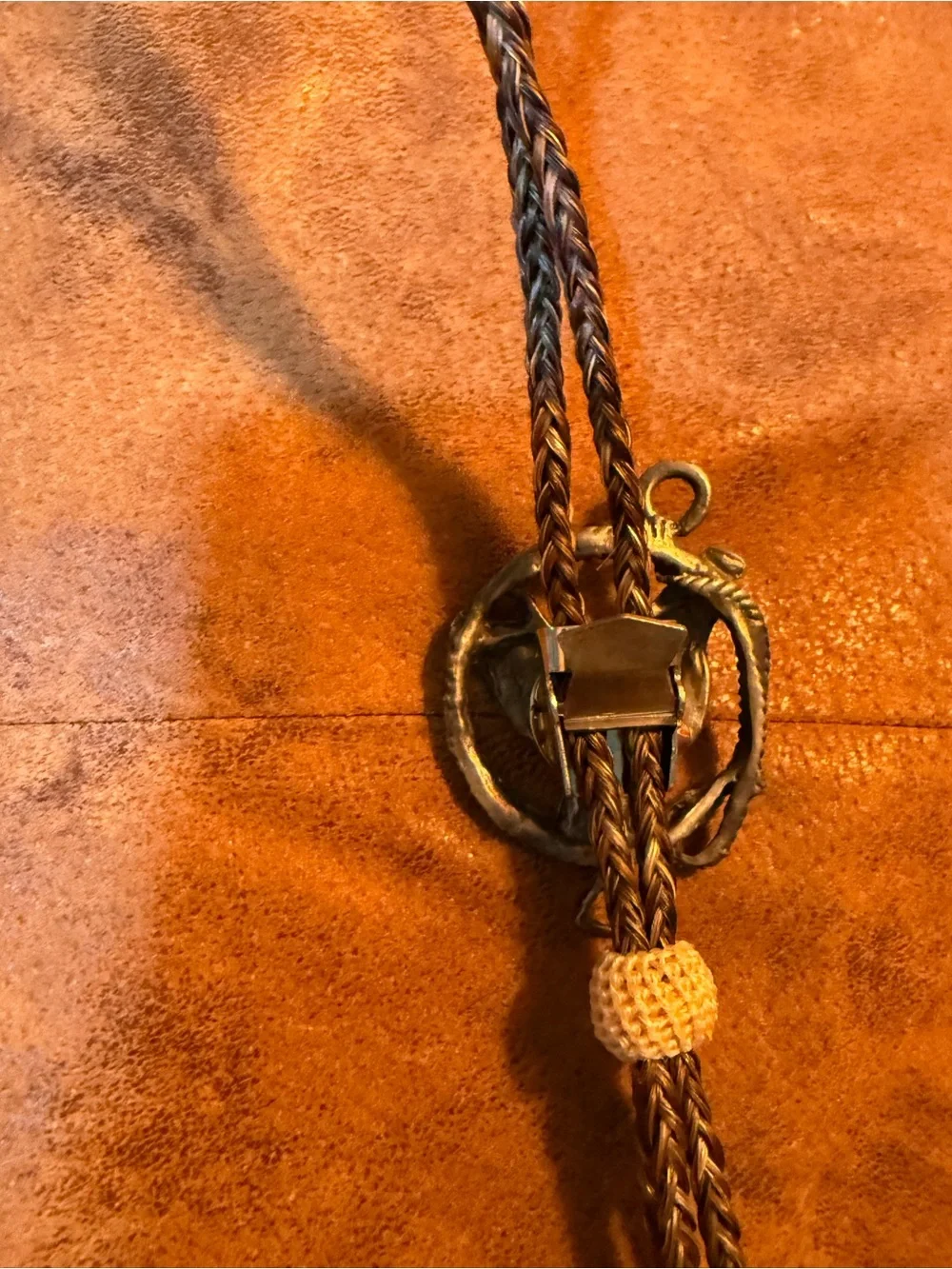 Vintage Western Bolo Tie pewter a saddle Horsehair and Barrel beads Lrg.